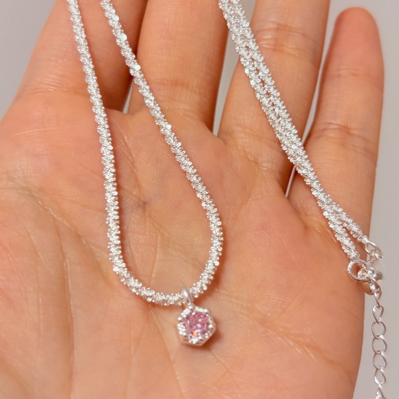 [SOLD] 🩷Pink Zirconic Silver Necklace sterling silver twisted chain - Picture 3 of 10